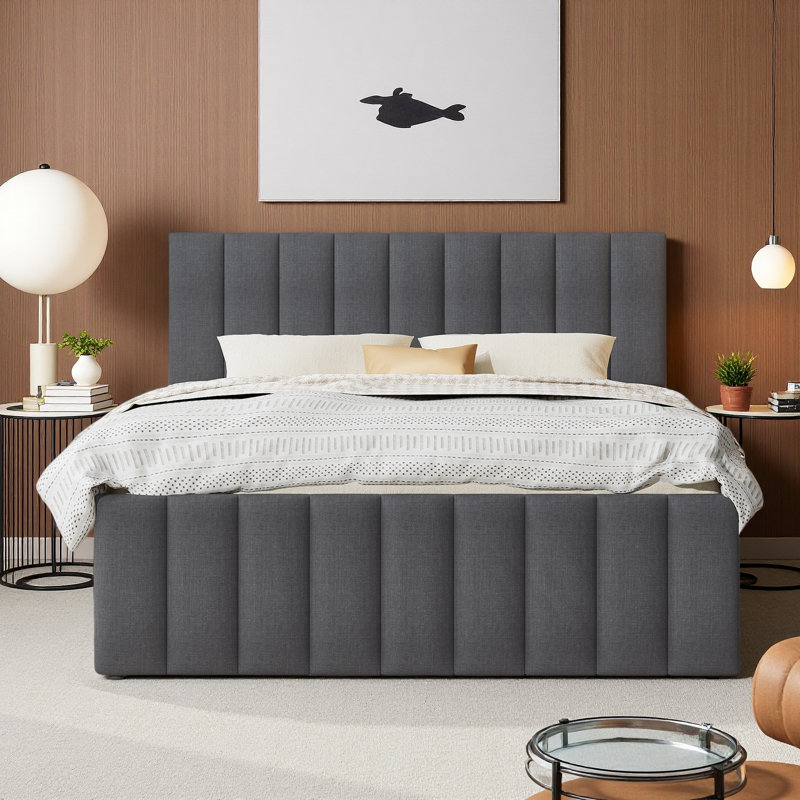 Lit plateforme tapissier charmant avec lit gigogne et 3 tiroirs, Lit double, Gris