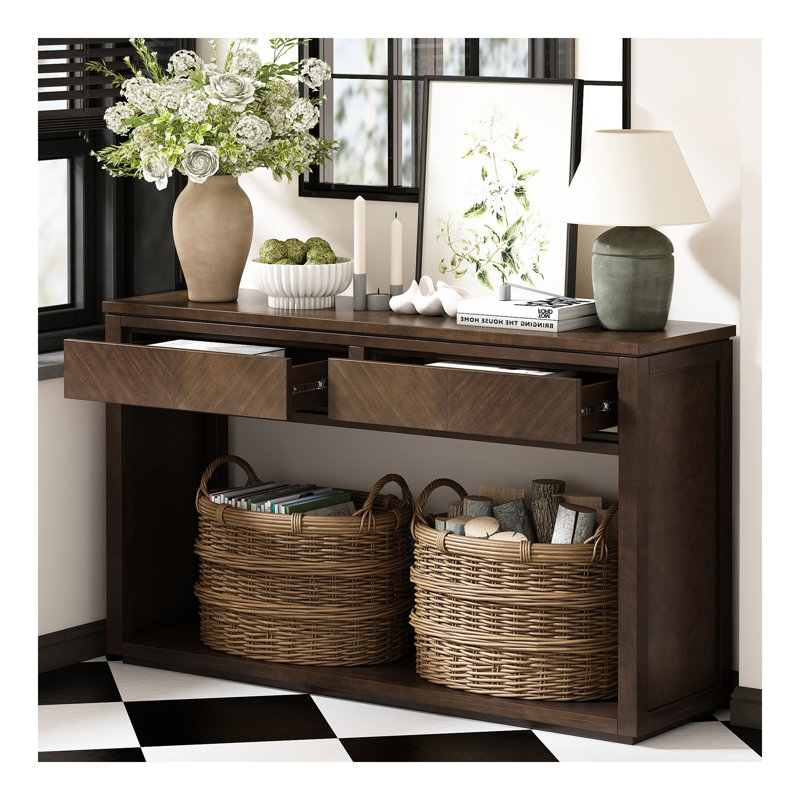 Console de 55 po, table d'entrée en bois rustique avec tiroirs de rangement et tablette ouverte, élégante table de canapé pour le couloir et le salon (brun)