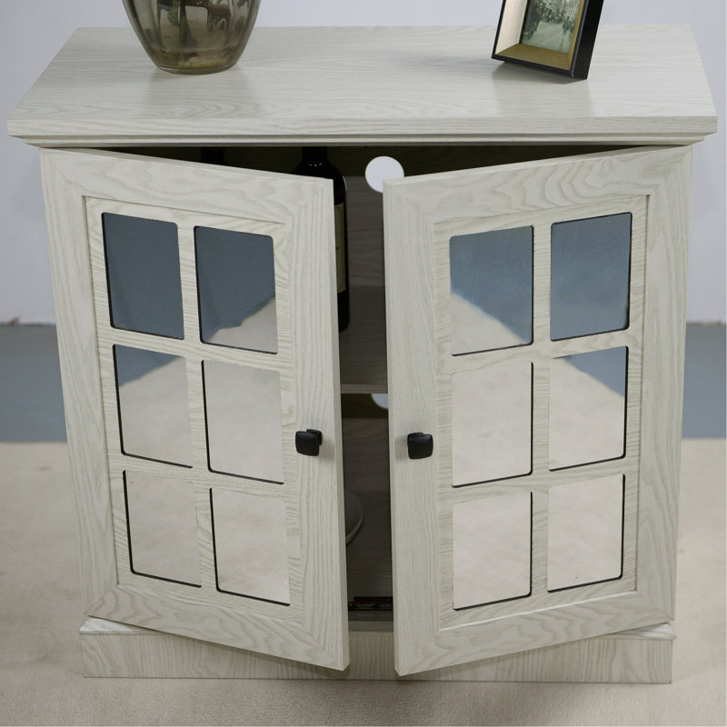 Buffet de rangement avec 2 portes décoratives en miroir en acrylique, tablette réglable pour la salle à manger, le salon, la cuisine, les poignées en métal, panneau de fibres à densité moyenne et finition en grain de bois blanc 3D