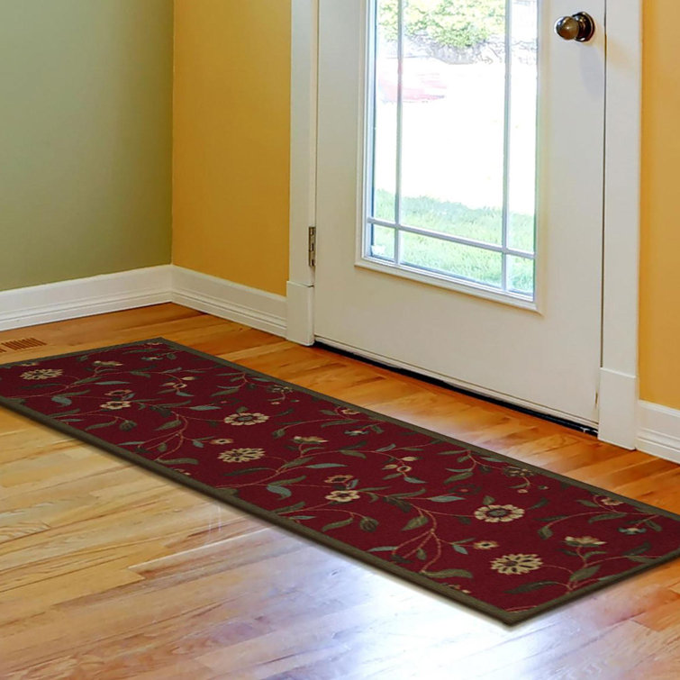 Ottohome Non-Slip Floral Leaves Area Rug For Living Room, Hallway, Entryway Rug, Dark Red