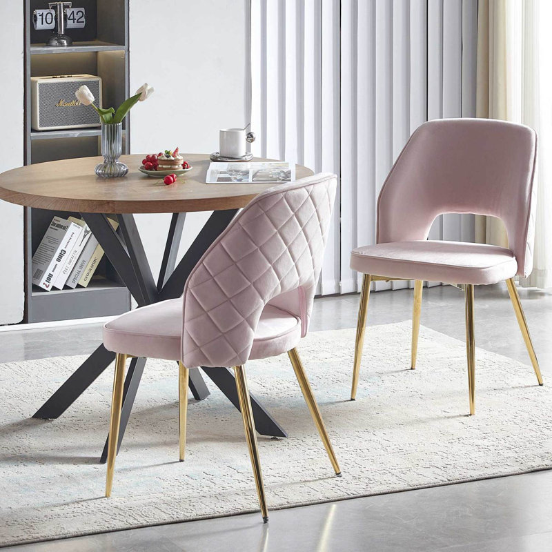 Chaises de salle à manger en velours avec pieds en métal et dossier creux - ensemble de 2, Rose