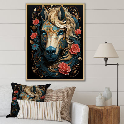 Portrait rétro d'un cheval blanc avec des roses rouges sur toile