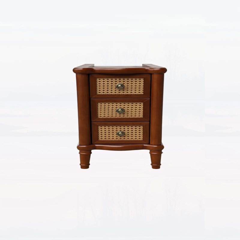 Table d'appoint en rotin avec 3 tiroirs, table de chevet en bois massif pour un rangement polyvalent et charme rétro dans n'importe quelle pièce