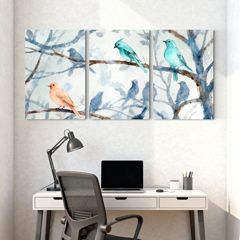 «Birds Birds On Branches», ensemble de 3 impressions sur toile, H 24 po x l 48 po
