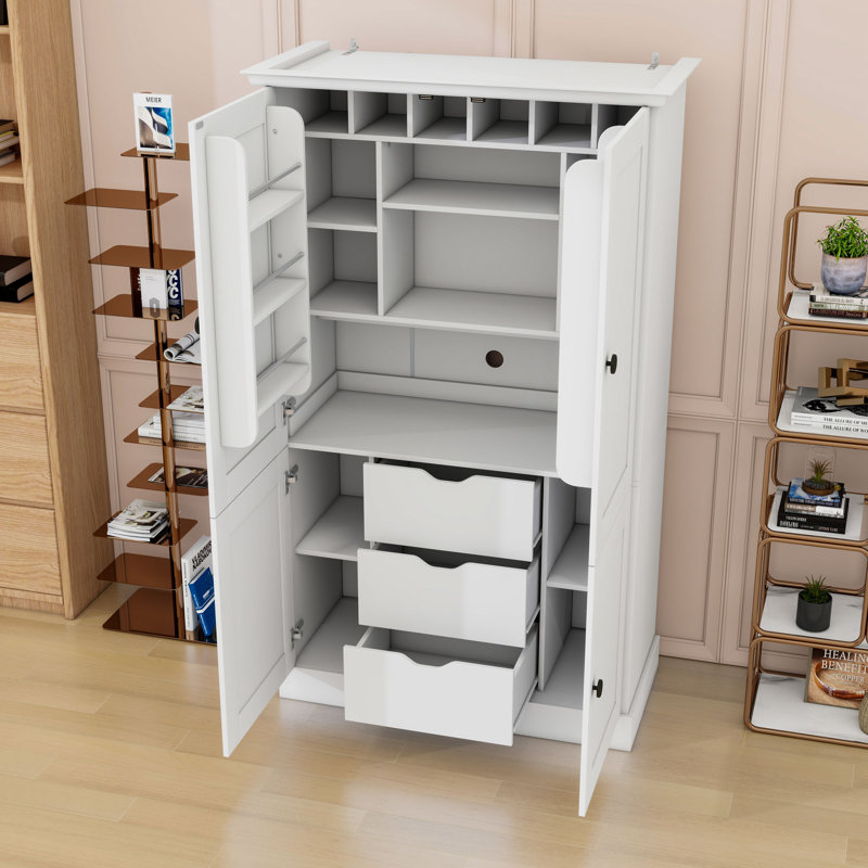 Garde-manger en bois avec tiroirs, tablettes amovibles et porte-bouteilles, White