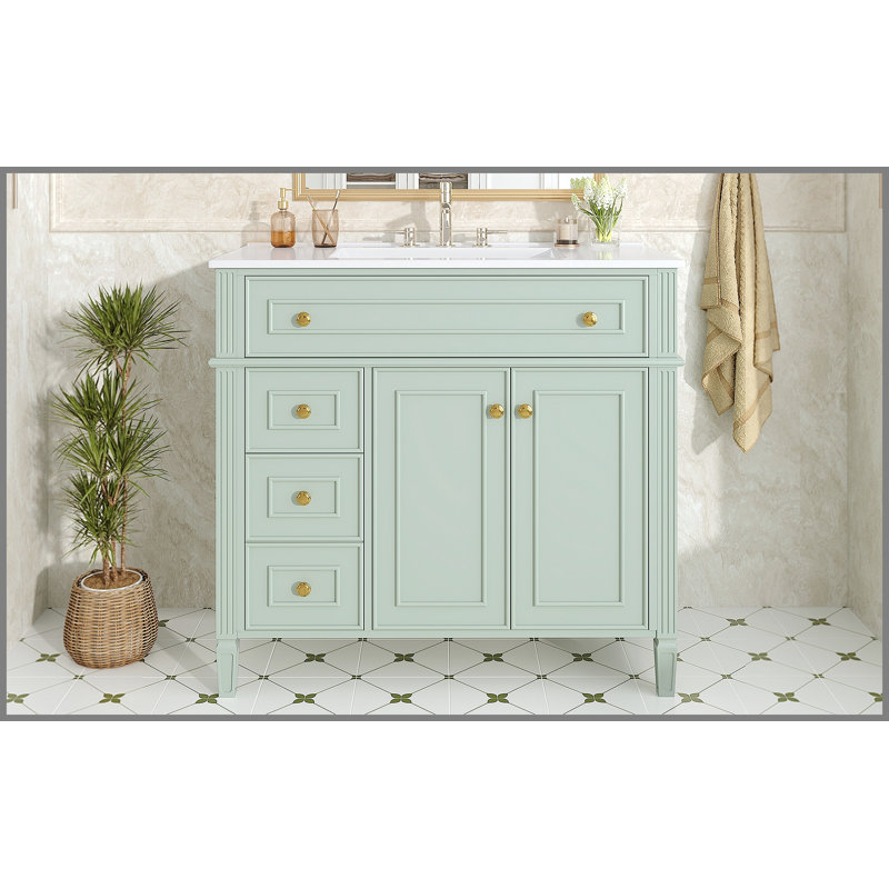 Meuble-lavabo 36 po avec lavabo, armoire en bois massif vert avec tiroir rabattable, 3 tiroirs et 2 portes à fermeture en douceur, poignées dorées et design moderne, deux ensembles
