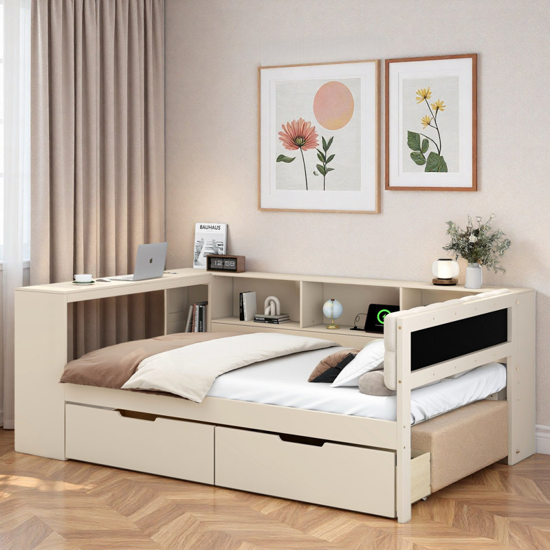 Lit plateforme avec tablettes de rangement, tiroirs, station de charge, bureau et tête de lit tapissier, Double, Crème, crème