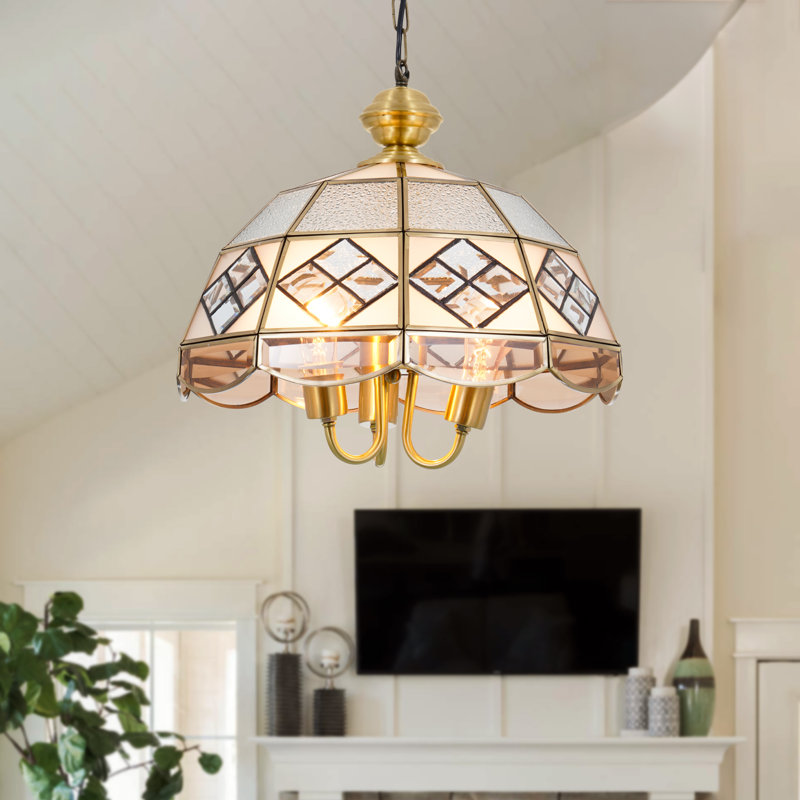 3 Light Dimmable Tiffany Glass Chandelier with Gold Finsh