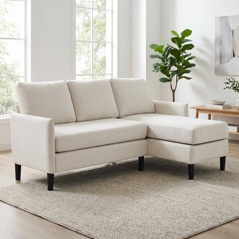 Upholstered  Sectional Sofa With Chaise, Beige Linen Blend
