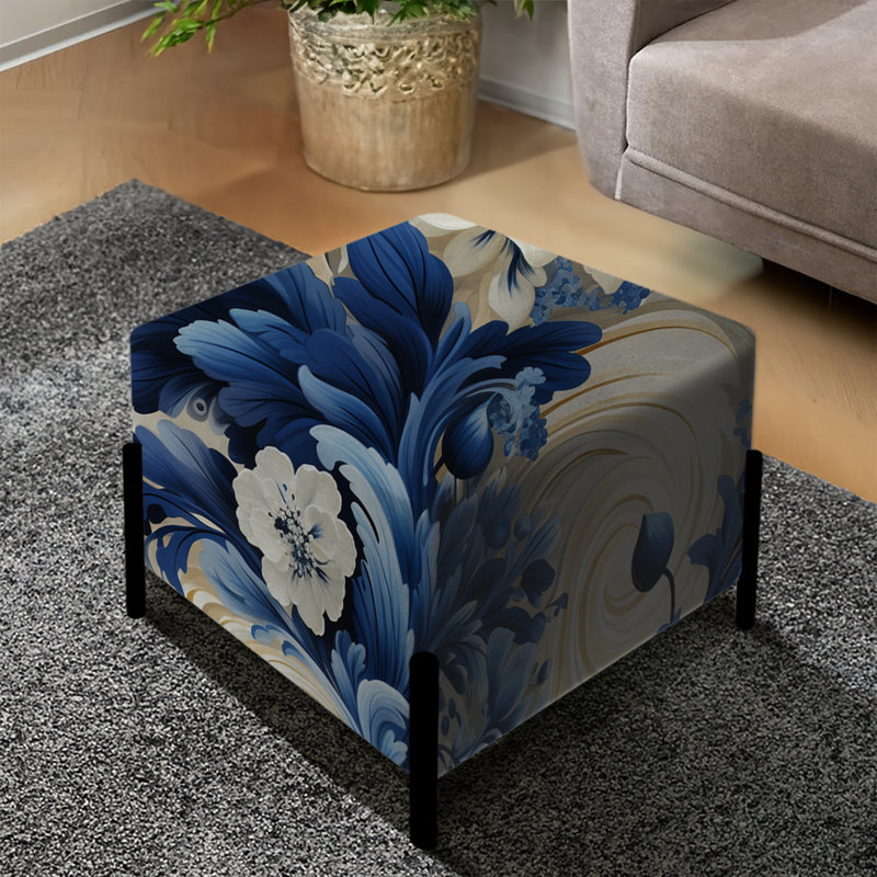 Romantic Cobalt Blue Swirls Victorian Pattern - Floral Square Ottoman