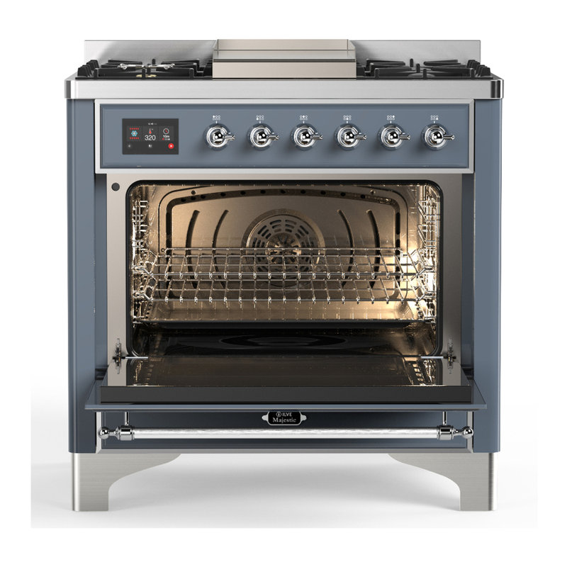 Majestic III Series 36 Inch Dual Fuel Range with 6 Sealed Burners, Griddle, in Glossy Black (Natural Gas, Brass Trim), Chrome