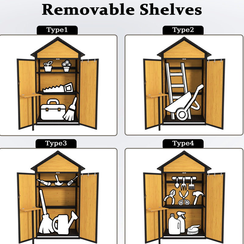 Rangement extérieur verrouillable, toit imperméable, table pliable, tablettes amovibles pour remise de jardin, établi, tablettes, rouille