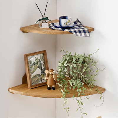 Corner Shelves Wall Mount 7inch Oak Wood Floating Corner Shelves Set of 2 Round End Small Plant Shelf Wall Mount
