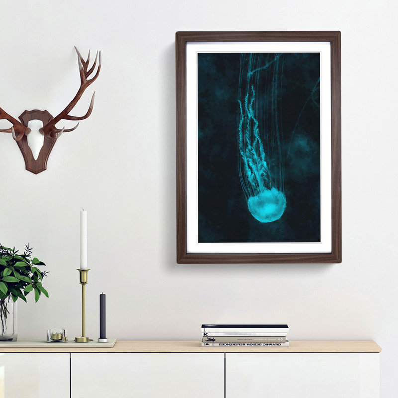 Neon Blue Jellyfish Abstract - Picture Frame Graphic Art Print, 87cm H x 62cm W x 2cm D, Walnut Framed