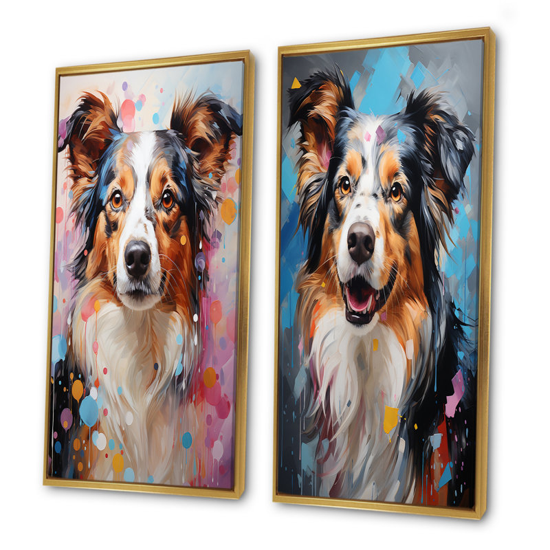 Playful Collie Portrait - Ensemble de salon mural pour chien, H 32 po x l 33 po, Encadrement doré