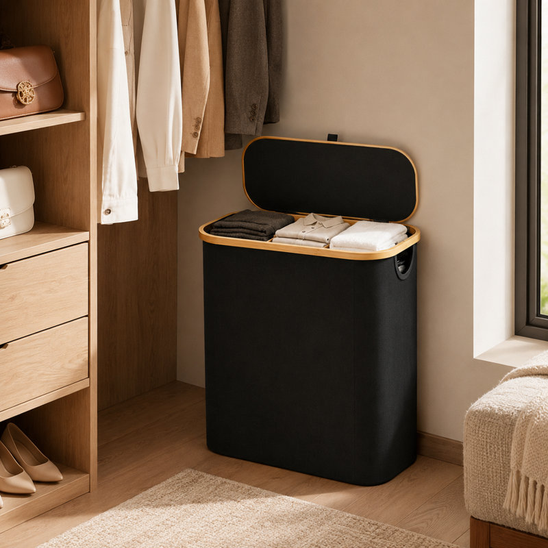 Panier à linge de 160 L avec structure en bambou, panier à linge en lin avec couvercle et 3 sacs de tri en filet amovibles, organisateur de vêtements sales pour la salle de bain et la salle de lavage