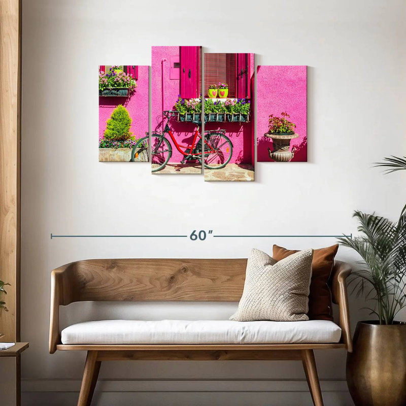 Lilie, maison rose, bicyclette, H 27 po x l 43 po