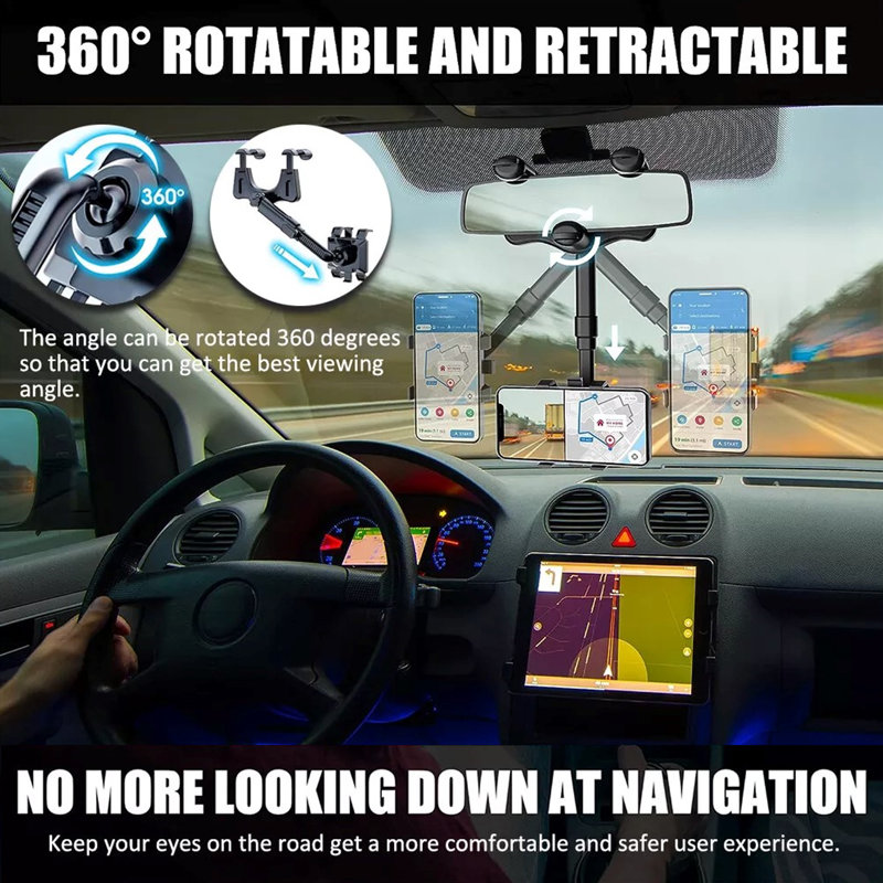 360° Adjustable And Extendable Car Mirror Phone Holder For GPS, Video Recording, And Call