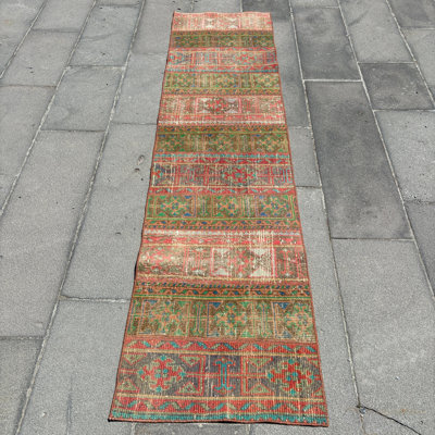 Vintage Turkish Oushak Runner Rug in Green with Patchwork Design for Kitchen and Hallway
