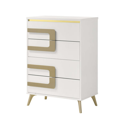 Commode blanche à 4 tiroirs avec quincaillerie dorée