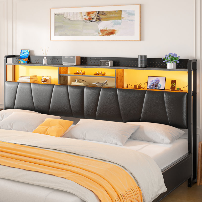 Storage Upholstered PU Headboard With LED Lights & Charging Station, Gray Oak, King