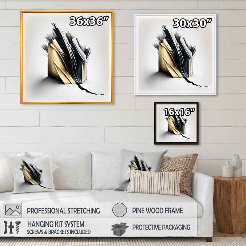 «Cubic», art cubique abstrait noir et or, H 30 po x l 30 po x P 1 po, Toile avec cadre flottant or