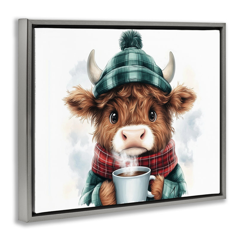 Cadre flottant Cozy Hot Chocolate Cow, design par Whimsical Wonders, H 25 po x l 31 po, Cadre flottant gris lustré