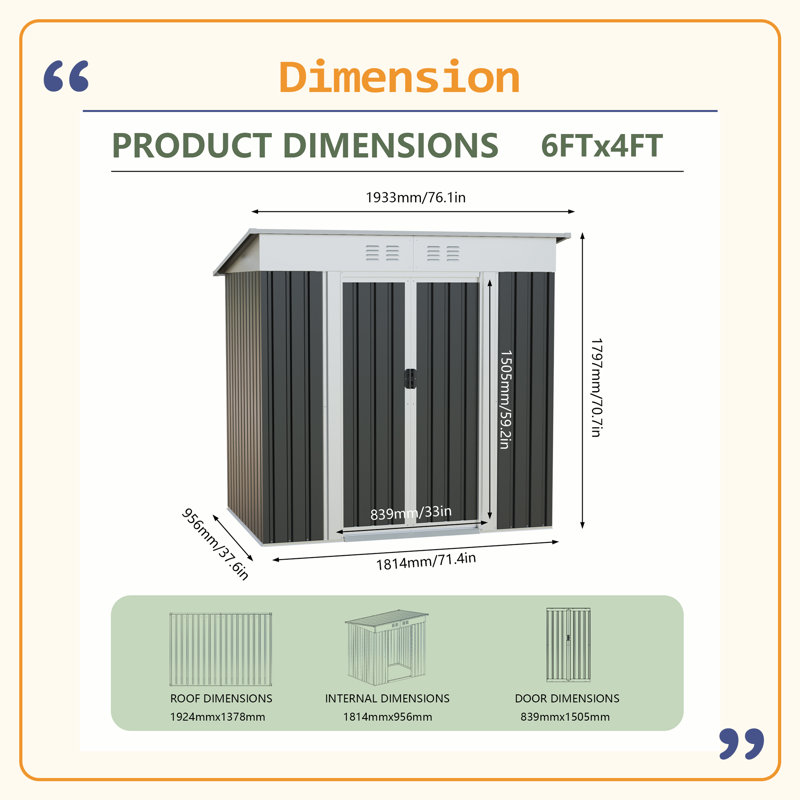 6x4 FT Garden Shed for Patio Outdoors Storage Shed Metal Frame design Sliding Door, 70.7" H x 76.1" W x 37.6" D, Gray