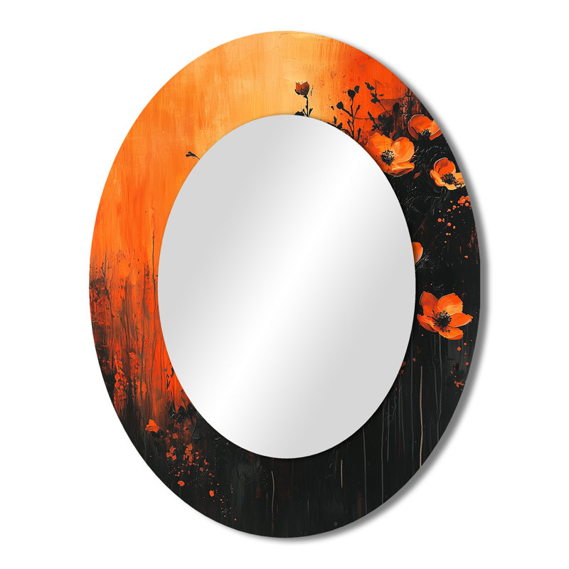 Burning Wildflowers In Orange Expressionism I - Grand miroir mural ovale sur métal, 43 po x 33 po