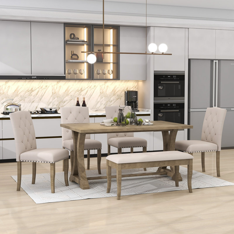Ensemble repas pour 6 personnes Govany, Bois naturel délavé, Bois naturel patiné / beige, Bois naturel délavé
