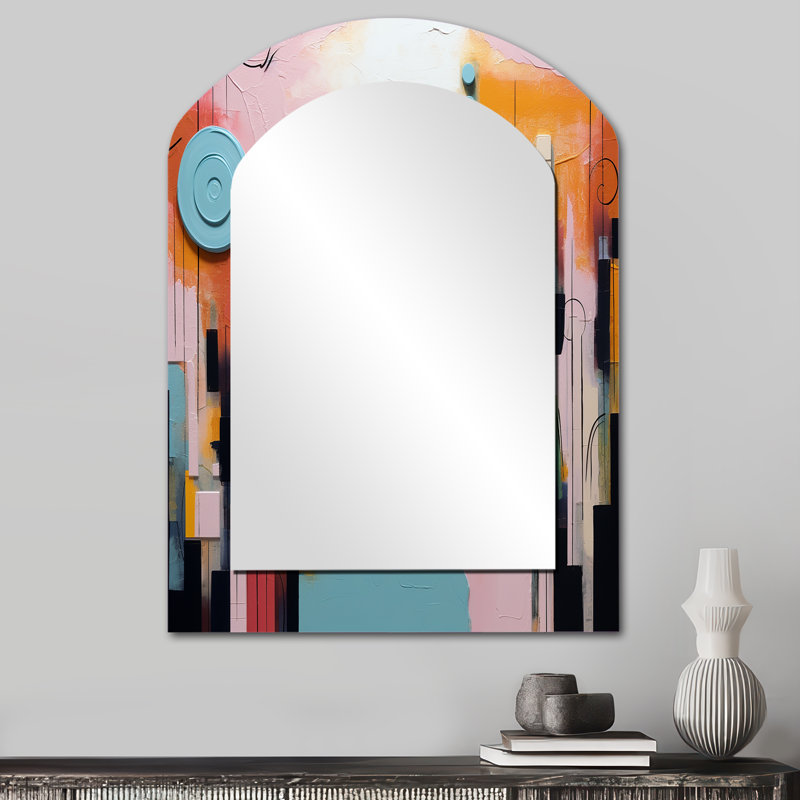Jeu de formes colorées orange et bleu III - miroir décoratif géométrique asymétrique, miroir arqué moderne, impression d'art en métal