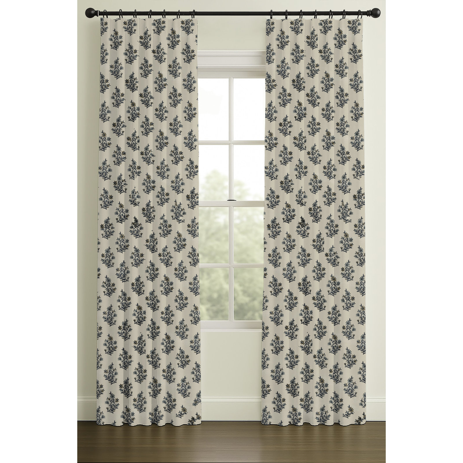 Inverted Pleat Single Lining Floral Block Print, Blue, 33" W x 132" L