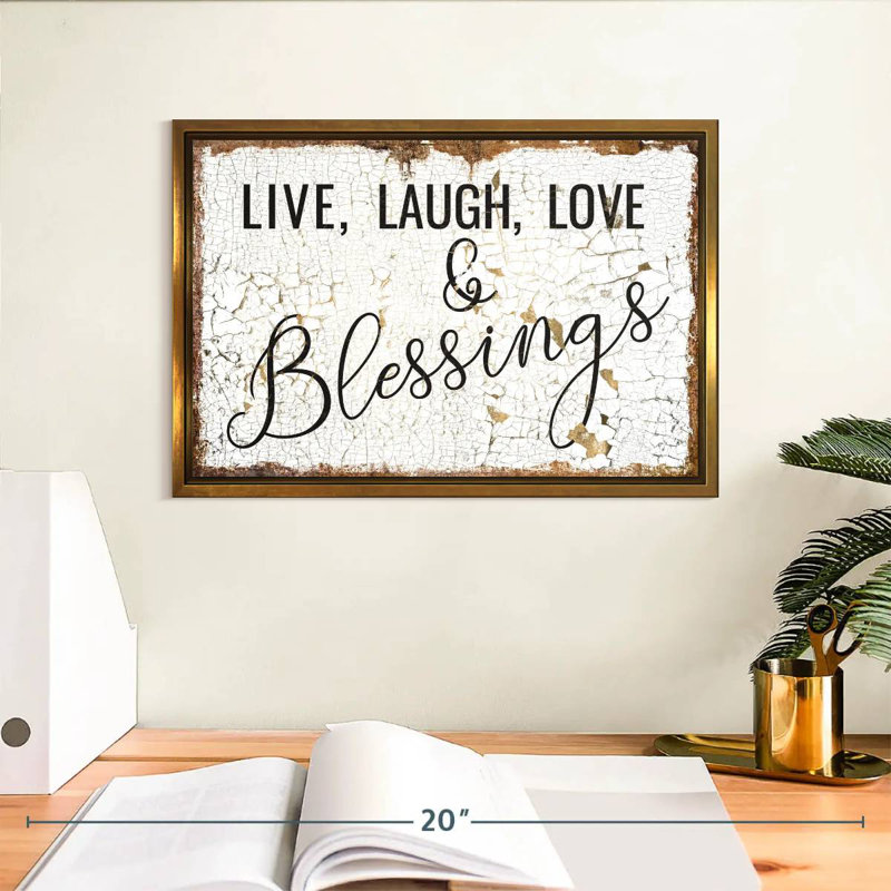 Live Laugh Love and Blessings, typographie, 13 po x 9 po, Cadre flottant doré