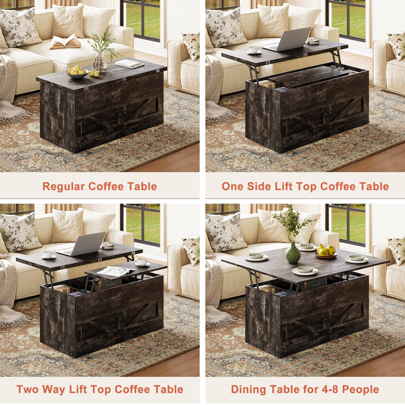 Lift Top Farmhourse Coffee Table With Storage, Dark Rustic Oak