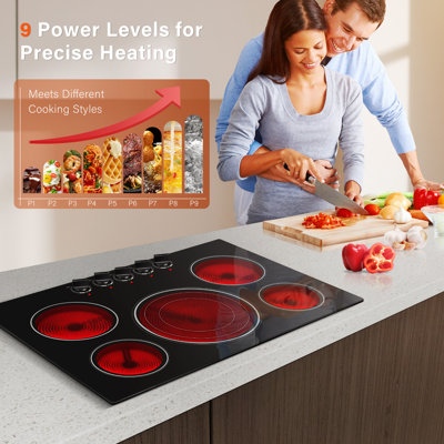 Surface de cuisson électrique de 30 pouces - 5 plaques de cuisson encastrées en céramique, surface de cuisson électrique avec commande à bouton, indicateur de surface chaude, 9 000 W, 220 V à 240 V câblé (sans prise), certifié ETL