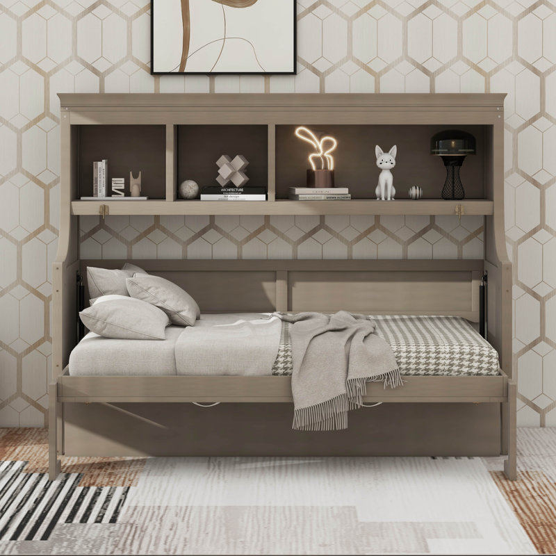 Lit escamotable horizontal simple avec bureau, cadre de lit mural pliable avec tablettes de rangement, Gris délavé
