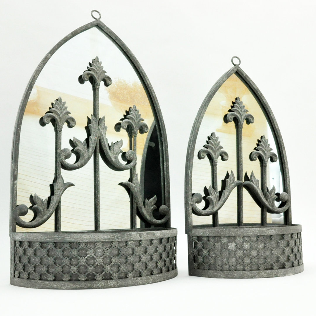 Orm Set of 2 Rusty Metal Wall Mirror Planter Plant Holder | Vintage Style 62cm & 52cm Garden Wall Decoration