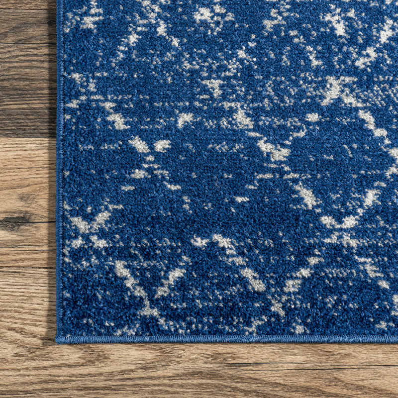 Maslah Geometric Moroccan Power Loom Performance Blue Rug, Square 6'