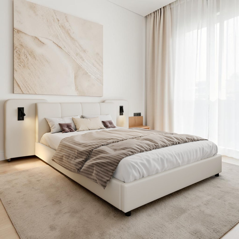 Upholstered Double Bed With Usb Charging - Storage Bed , Beige