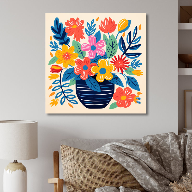 Vase bohémien jaune et bleu en poterie Blooms III - Boho Pottery, art mural, Toile tendue, H 16 po x l 16 po x P 1 po
