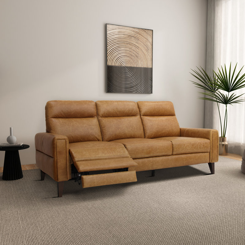Rahim 78.7" Wide Mid Century Modern Leather Incliner Sofa with Adjustable Footrest, Tan
