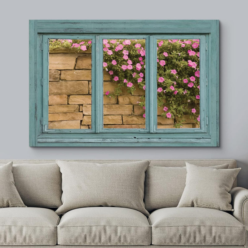 «Window View Of Window View Of Brick Wall & Pink Flowers Nature Images Rustic Landscape Vibrant» sur toile, H 16 po x l 24 po