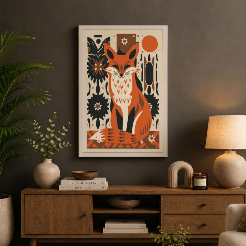 Folk Art Fox Scandinavian - Wrapped Canvas, 18x12 - 45.7 x 30.5 cm, Taupe Border