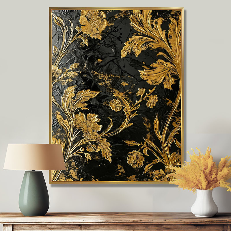 Feuilles d'or, botanique, rétro, salon, art mural, H 44 po x l 34 po x P 1,5 po, Toile avec cadre flottant or