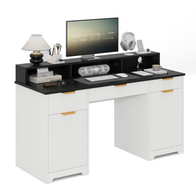 59" Home Office Desk With Charging Station, Fluted Computer Desk With Keyboard Tray & Adjustable Shelves, Executive Desk For Study, Living Room, Bedroom