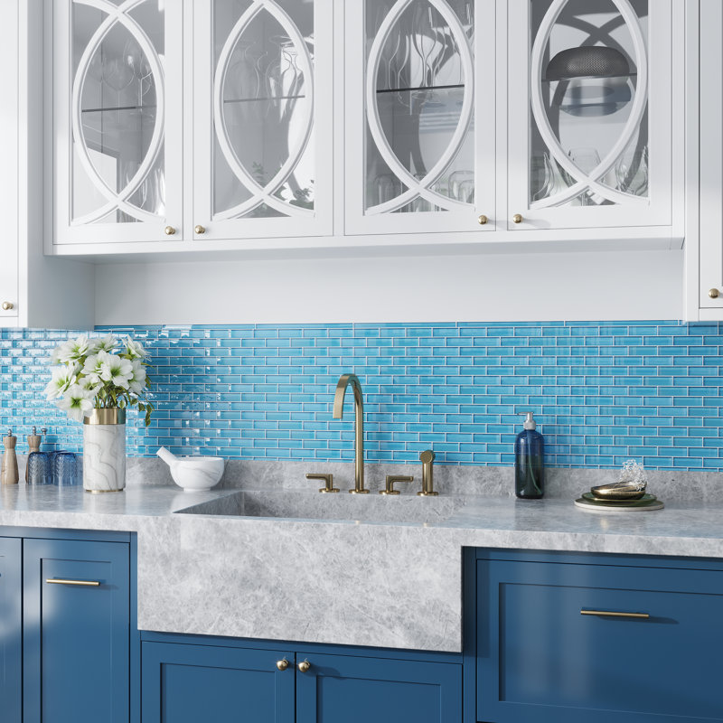 11.9"X 11.9" Polished Glass Brick Tile, Sea Blue