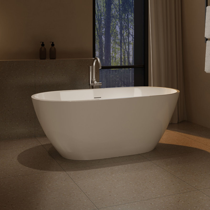 Ayago 59.06" x 28.35" Solid Surface Freestanding White Acrylic Soaking Bathtub, with Overflow and Chrome Pop-up Drain, White