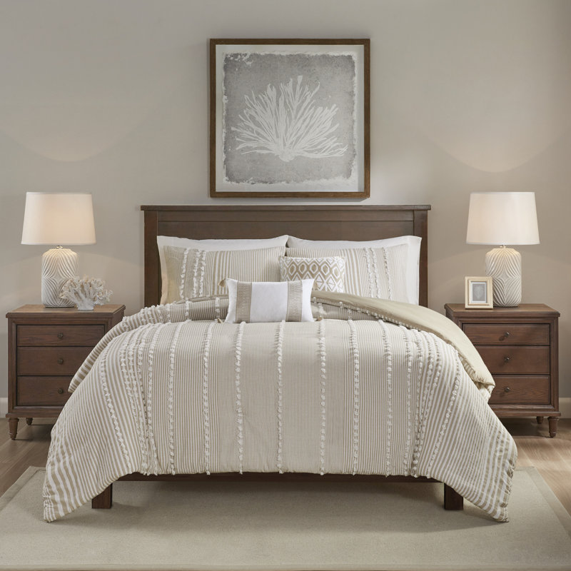 Anslee 100% Cotton Yarn Duvet Cover Set, Full/Queen Duvet Cover + 2 Standard Shams, Beige