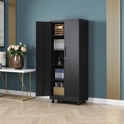 71"H Heavy Duty Rolling Metal Garage Storage Cabinet with Lockable Wheels, 4 Adjustable Shelves (180lb Capacity Each), 3-Point Security Lock for Garage, Workshop, Office Organization