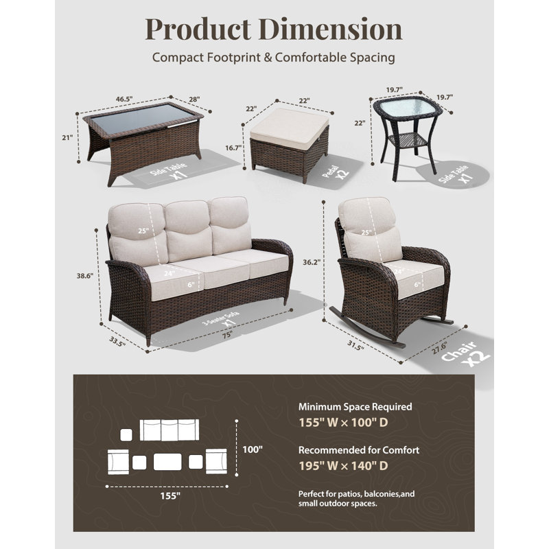 Luxury Patio Furniture Set With 6" Thick Cushions, High Back Outdoor Rocking Chairs, Ottomans And 3-seat Couch, 7 Pieces All Weather Conversation Set For Porch Deck Poolside Yard (beige)